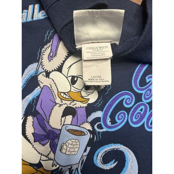 VTG 90s Universal Studios Chilly Willy Got Coco Crewneck Sweatshirt Size L Navy - Picture 4 of 11